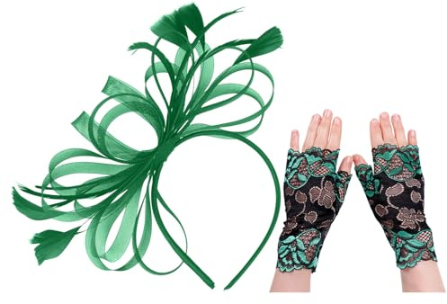 EHDWXVZM 1 Federkopfschmuck, 1 Paar Spitzenhandschuhe, Grüner Hochzeitskopfschmuck, Damenhochzeitshut, Grüner Damenkopfschmuck, Bühnentanzkopfschmuck