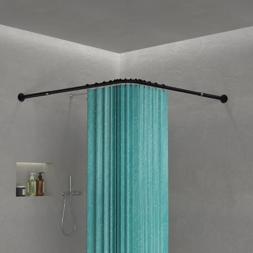 Anvuda Barre De Douche Angle,Barre Rideau Douche L Forme,Tringle Rideau Douche Noir en Acier avec 16 anneaux de rideau de douche,101-136/101-136cm Tringle Douche Angle Pour Salle De Bain Baignoire