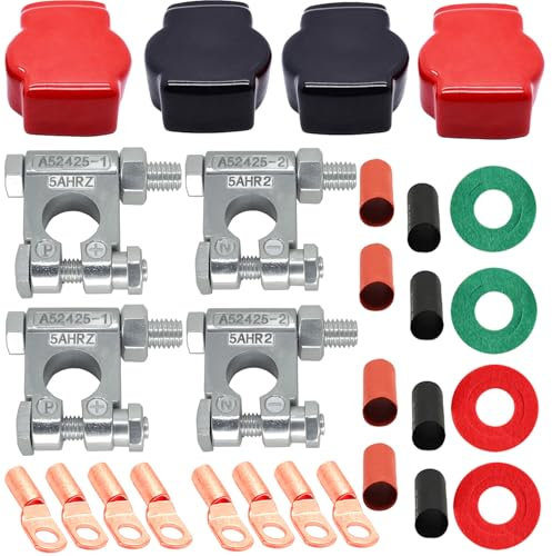 DLronwey Battery Terminal Connectors,Military Spec Positive Negative Heavy Duty Battery Terminals with 8 pcs 2 Gauge 3/8 Copper Lugs,8 Heatshrink,4 Cover and Anti Corrosion Washers
