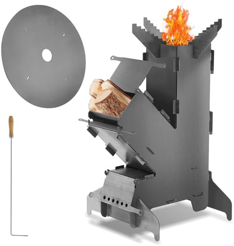Daromigo Forno a razzo con piastra e gancio fuoco, Rocket Stove Outdoor in acciaio massiccio spesso 3 mm, sistema a incastro, fornello a legna, forno da campeggio, forno a pellet per forno olandese
