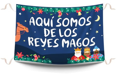 Balconeras de Navidad AquÍ somos de los Reyes Magos. Decoración navideña. Colgaduras divertidas de Navidad. Reposteros navideños para decorar balcones. Medidas 100 x 70 cm.