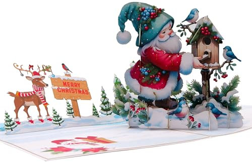 3D Pop-Up Weihnachtskarte - Weihnachtsmann füttert Vögel im verschneiten Wald