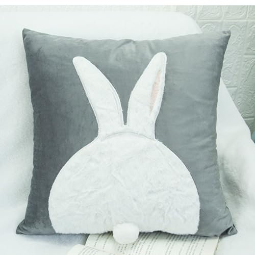 Kissen Kaninchen-Kissen Kissenbezug kissenbezüge Hasen Muster Fellkissen Deko für Sofa Schlafzimmer 45 x 45 cm (Grau (mit Schwanz))