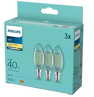 PHILIPS LED Kerzenlampen, E14, 4,3W = 40W, 470 Lumen, 2700K Warmweiß, 3er Pack