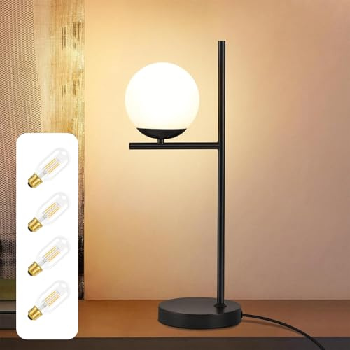 ZMH Tischlampe Wohnzimmer Tischleuchte Vintage Nachttischlampe Schwarz | Metall Glaskugel Design Nachttischleuchte mit 4 4W E27 2700K Leuchtmittel Industrial Tischlicht für Schlafzimmer Kinderzimmer