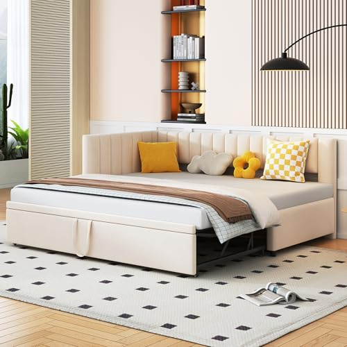RIAZOS Polsterbett Ausziehbares Schlafsofa 90/180 x 200 cm mit Lattenrosten, Tagesbett Samtstoff Bettgestell Bettsofa Gästebett, Einzelbett/Doppelbett, L-förmiger Rückenlehne, Beige