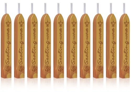 Siegelwachs Stäbe mit Docht, 10 Stück Wachssiegel Wachs Gold, Vintage Wachsstäbchen DIY für Karten, Geschenkbox, Brief, Umschlag, Wein Verpackung, Hochzeit, Weihnachten, Einladungen