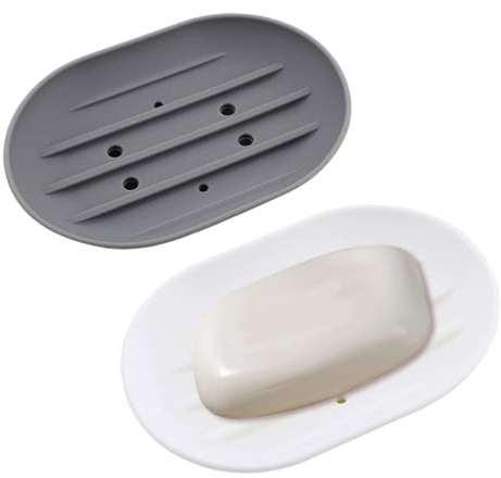 Inlefen Oval Silicone Soap Dish Holder, 2 Pack Non Slip Soap Tray with Drain Holes for Quick Drying & Easy Cleaning, Ideal for Home, Kitchen, Gym & Travel