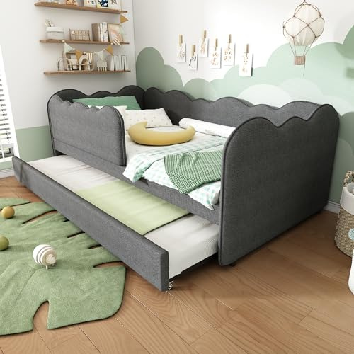 IHO SOFA Kinderbett Polsterbett Daybett 90x190cm mit Ausziehbett & L-Form Design | Gästebett, Tagesbett in Leinen Grau mit Lattenrost | Platzsparend für kleine Räume, Grau (Ohne Matratze)