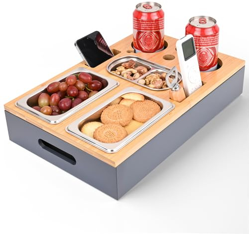Gaethra Couchbar Snackbox Grau, Snackbox Couch Holz, Couchtabletts mit Getränkehalter, Flaschenöffner, Couch Organizer, Geschenk für Männer & Frauen, für Wohnzimmer, Picknickparty