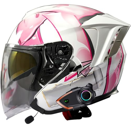 Letetexi Bluetooth intégré Casco Moto Jet Semi Integrale con Visiera Esterna e Parasole Omologato ECE Casco Scooter Casco Moto Jet Casco Jet Doppia Visiera