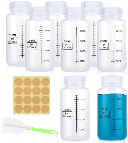 Xialvyu 8 Stück 250ml Kleine Plastikflaschen zum Befüllen,PP Weithalsflasche mit Schraubverschluss Skala Etiketten,Versiegelt Auslaufsicher Labor Reagenzflasche Plastikflasche