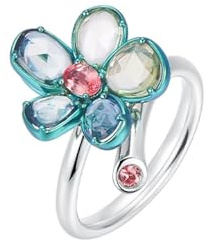 Ring Damen Vintage, Silber Ringe Damen Blume mit Buntem und Orangefarbenem Saphir 9K Weißgold Größe 49 (15.6)