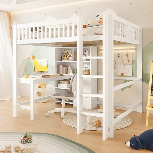 Generisch Hochbett Weiß 140x200 cm mit Schreibtisch, 3 Schubladen & Sicherheitsgeländer – Platzsparendes XL-Etagenbett ohne Matratze