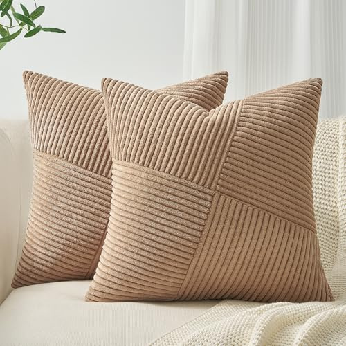 Topfinel Kissenbezug 50x50 Braun Kordsamt 2er Set Windmühle Streifen Muster Kissenbezüge Kissenhülle Dekokissen Sofakissen Patchwork Design Deko Wohnzimmer Bett Schlafzimmer Sofa