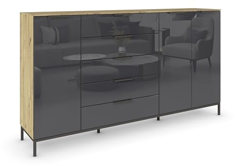 Rauch Möbel Flipp, Kommode, Farbe Glas Basalt/Eiche Artisan, Breite 199 cm | Sideboard, 3-türig, 5 Schubladen, Glasfront, Soft-Close, Griffe, Metallkufe Graphit für Schlafzimmer, Gästezimmer, Wohnzimmer