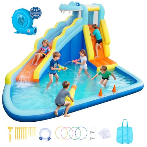VEVOR Bounce House for Kids, Inflatable Bounce House with Air Blower, Water Slide, Bouncer Castle with Bounces Zone, Climbing Wall, Splash Pool & Water Ring Toss, for 3 to 4 Kids Ages 3 to 8