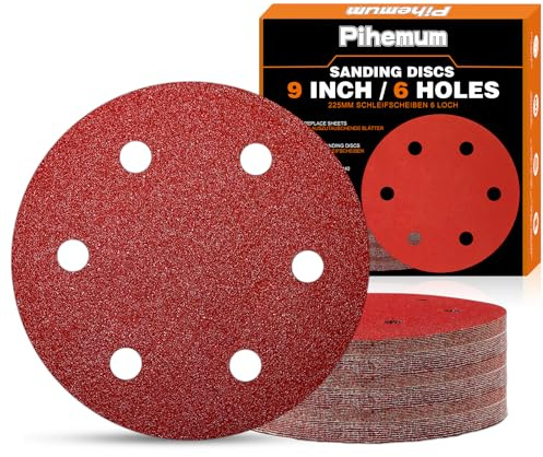 pihemum 60 Pezzi Dischi Abrasivi 225mm Grana 40 60 80 120 180 240 Carta Vetrata 225mm 6 Fori per Levigatrice per Muro