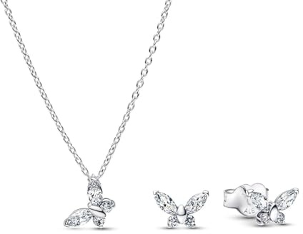 PANDORA Schmuckset für Damen Kette und Ohrringe Schmetterling Silber 21536 | Bundle, modisches Geschenk-Set mit Halskette und Ohrsteckern für Frauen