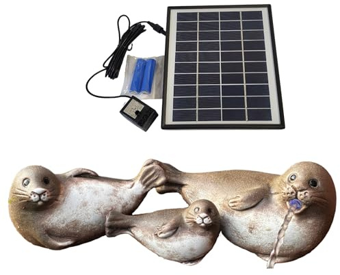 Storm's Gartenzaubereien Solar Wasserspeier Robben Set mit Akku - 3er Set Robbenfamilie aus Keramik - Solarbrunnen für Garten - Balkon - Miniteich - 6.5W Solarmodul mit 4-5h Akkubetrieb - 3m Kabel