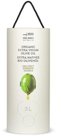 DELINIO Bio-Olivenöl extra nativ aus Griechenland, sortenrein Koroneiki, 3 l Tube mit Zapfhahn, lichtgeschütztes Spenderformat für Küche, Salate, mediterrane Gerichte und zum Kochen
