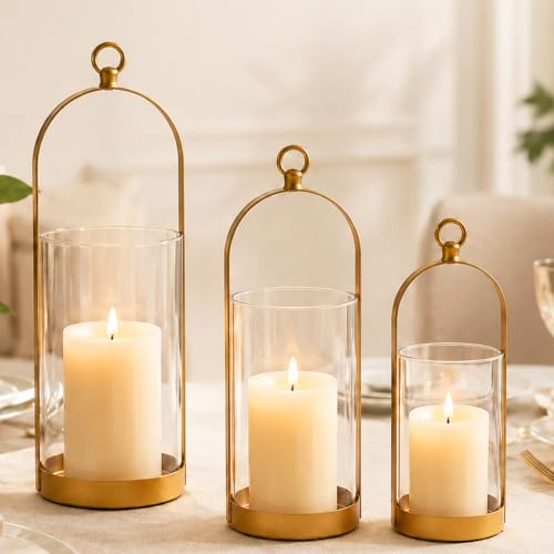 3 Stück Windlicht Outdoor, Windlicht Glas Kerzenhalter mit Glaszylinder | Metall, Windlichter Glas Gold Tisch Deko Moderne Kerzenständer für Wohnzimmer Terrasse Esstisch Hochzeit Deko
