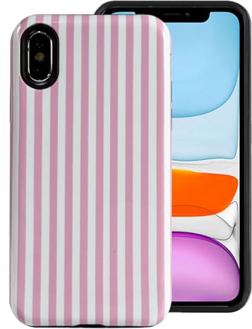 Draamvol for iPhone X/XS Case, Cute Striped Dual Layer Soft TPU Bumper & Hard PC Back Slim Shockproof Protective Anti-Scratch Cover for Women Girls, Pink