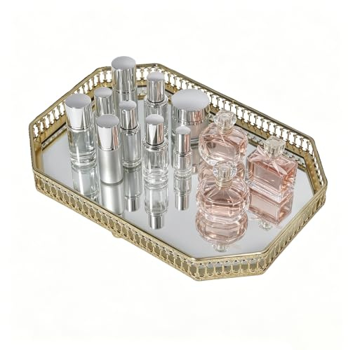 Vintage Gold Mirrored Perfume Vanity Tray 28×20cm Decorative Makeup Trays | Hollow Out Metal Glass Cosmetic Mirror Tray Jewelry Trinket Organizer with Handles for Home Decor