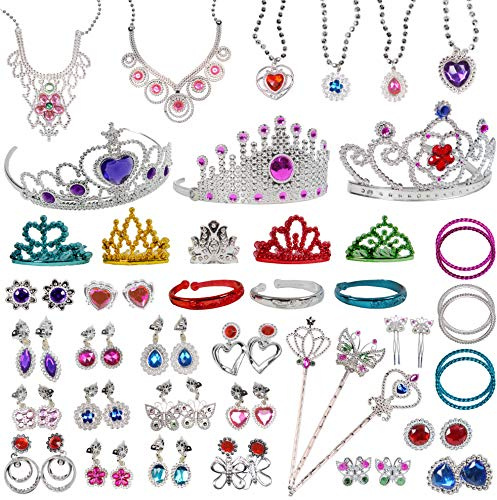 Jewelry Toy,62 Pieces Princess Pretend Jewelry Toy Playset,Assorted Jewelry Dress Up Toys Rings,Earrings,Necklaces,Crowns,Bracelets,Wands for Girls Birthday Gift,Princess Party Favors