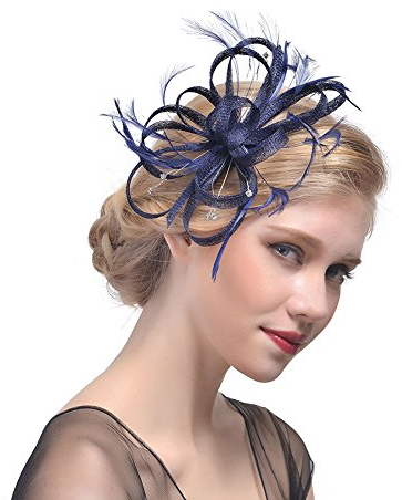 Amorar Damen Fascinator Hair Clip Hut Bankett Hut Stirnband Feder Blume Schleier Bowler Braut Hut für Cocktail Hochzeit (Marine)