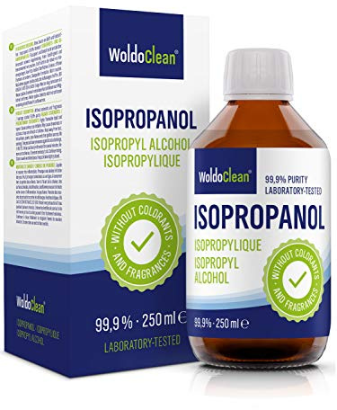 WoldoClean Isopropanol 99,9% Alcool isopropylique 250 ml en bouteille en verre - IPA hautement pur, incolore et sans résidu pour l'électronique, imprimantes 3D, ménage et artisanat