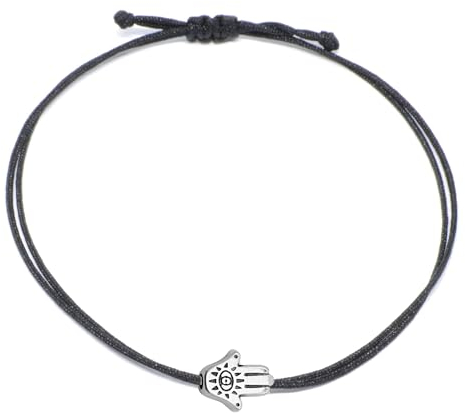 Selfmade Jewelry Armband Damen Silber Fatimas Hand Handgemachtes Makramee Armkettchen mit Hamsa Anhänger Größenverstellbar Inkl. Geschenk-Verpackung (Silber - Schwarz)