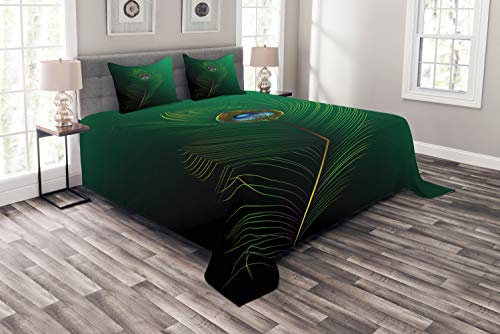 ABAKUHAUS Tier Tagesdecke Set, Pfau-Vogel Plumes, Set mit Kissenbezügen Waschbar, für Doppelbetten 264 x 220 cm, Grün Blau