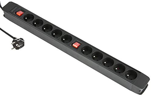 Electraline 35438 Bloc Multiprises 10 Prises + 2 Interrupteurs, Enrouleur de câble, Protection Contre Le Surcharge | Longueur 1,5 M Section 3G1 mm² Noir