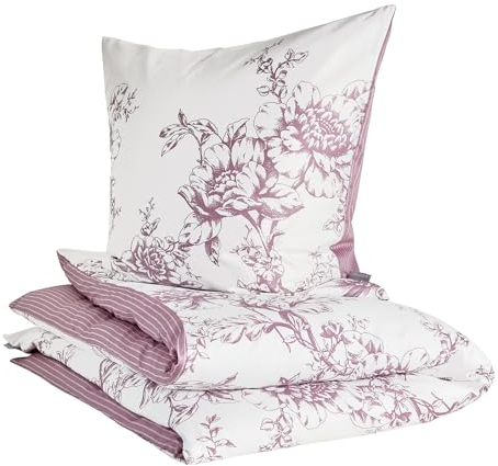 Zeitgeist Ibena Cholet Bettwäsche 155x220 cm – Baumwoll Bettwäsche-Set 2 TLG. Blumen und Streifen grau weiß, mit Reißverschluss 1x 155x220 cm + 1x 80x80 cm