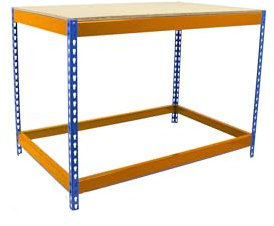 SimonRack Werkbank 400 kg Belastbarkeit, 90x150x75 cm, Große Arbeitsfläche Arbeitsfläche, Arbeitstisch, Holz-Arbeitsplatte, Blau/Orange/Holz - BT-Basic