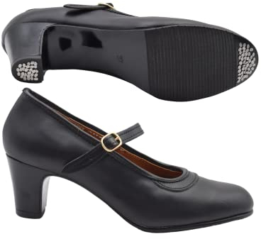 PASARELA - Zapatos de Baile Flamenco de Piel Negros con Clavos y Cierre de Hebilla para Mujer Cuero Mujer Color: Negro Talla: 38