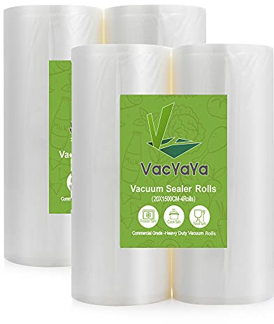 VacYaYa 4 Pack 20x1500cm Rolls (Total 30m) Vacuum Food Sealer Machine Freezer Bags Rolls with BPA Free,Heavy Duty,Great for Sous Vide and Vac Seal Storage Rolls