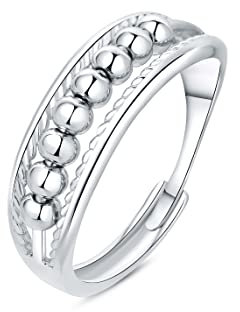 Deyanse Anxiety Ring, 925 Sterling Silber Anti Stress Ring, Bead Spinner Angst Ringe für Frauen Damen, Angstring Silber Verstellbar ringe, Offen Einstellbar Spinner Fidget Ring Anti-stress Ring