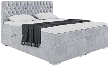 MEBLINI Boxspringbett mit Bettkasten - Gepolstert Doppelbett mit Matratze und Topper - Polsterbett mit Stauraum - Bett mit Kopfteil - Stauraumbett - Dalia - 160x200 - H3/Hellgrau Samt