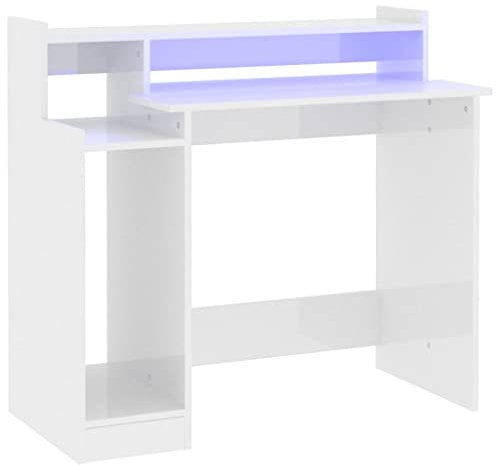 vidaXL Desk with LED Lights, High Gloss White Finish, Engineered Wood Construction, Spacious Tabletop, Suitable for Office, Study Room, Bedroom
