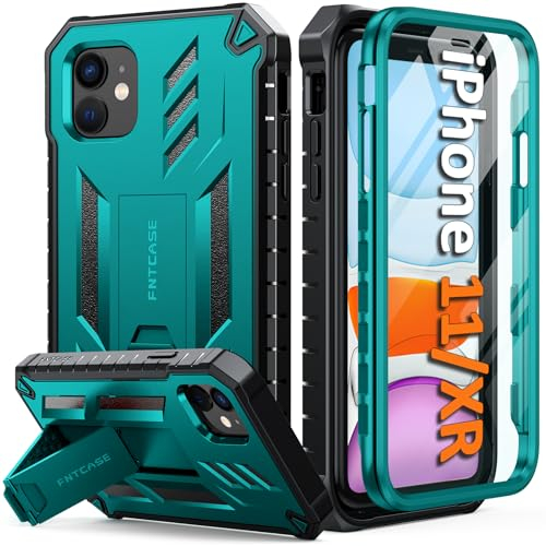 FNTCASE Für iPhone 11 Hülle: für iPhone XR Hülle mit Ständer stoßfest militärische Schutzhülle zweilagig vollständiger Schutz langlebig matt strukturiert sturzsicher – 6,1 Zoll dunkelgrün