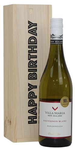 Villa Maria Sauvignon Blanc Wine 75 cl, in a Happy Birthday Celebration Wooden Gift Box - Classic White Wine Gift - New Zealand Sauvignon Blanc Birth Day Present