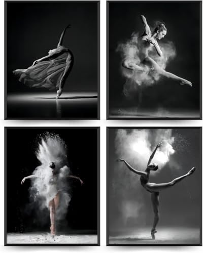 Enthusiasm Set mit 4 schwarz-weißen Ballett-Wandkunst, Tänzerin, schönes Mädchen-Schlafzimmer, elegantes Tanz-, Klassenzimmer, Badezimmer, Schlafsaal, Dekoration, Poster (30 x 40 cm)