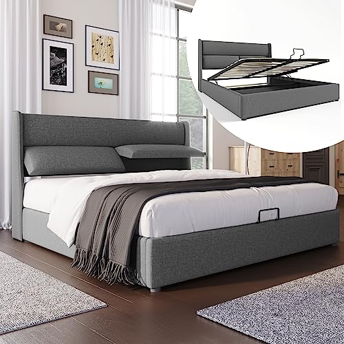 Polsterbett 160x200, Doppelbett mit Großer Stauraum und Verstellbare Kopfstützen, Bett Hydraulisches Stauraumbett Funktionsbett Bettgestell Familienbett mit Lattenrost, Leinen, Grau, Ohne Matratze