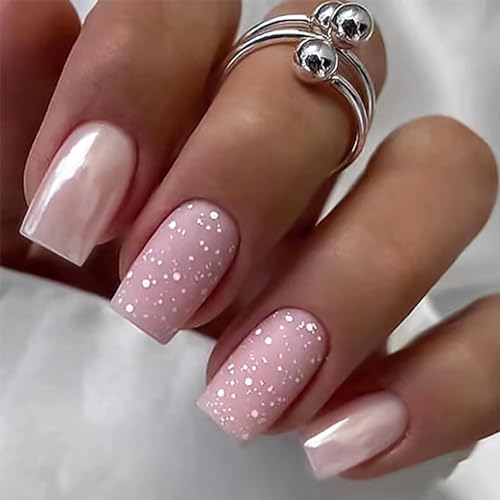 Kryzalite® Lot de 24 faux ongles carrés à presser - Mat - Rose nacré - Paillettes