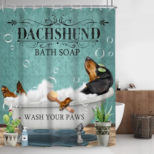 Omifly Rideau de douche drôle chien 152,4 x 182,9 cm (l x H) - Motif teckel - Savon de bain vintage - Bleu sarcelle - Animaux mignons - Avec bulles - Moderne et rétro - Avec 12 crochets en plastique