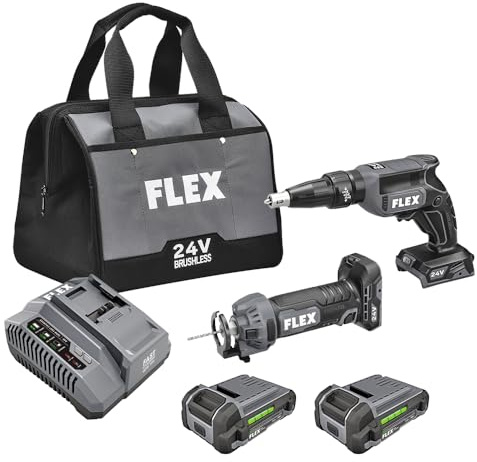 FLEX 24V Brushless Cordless 2-Tool Combo Kit: Drywall Screw Gun and Cut Out Tool with (2) 2.5Ah Lithium Battery and 160W Fast Charger - FXM203-2AA