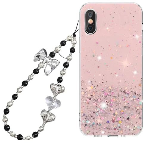 Rnrieyta Miagon Glitter Cover for iPhone XS/X,Soft Silicone Clear Sparkly Bling Star Bumper Case with Lovely Heart Butterfly Pearl Bracelet Chain Strap