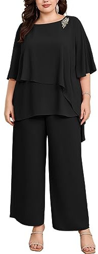 Hanna Nikole Hosenanzug Damen Große Größen Zweiteiler Fledermausärmel Cape-Ärmel Strass Lose Rundhals Chiffon Shirt Hohe Taille Elegant Hohe Taille Lange Hose Schwarz 44